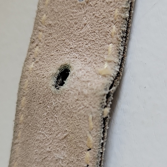 ANNE KLEIN BELT, VTG LION FACE LOGO,STRETCH NAVY BLUE W/ LEATHER, & BRASS BUCKLE - Picture 6 of 9